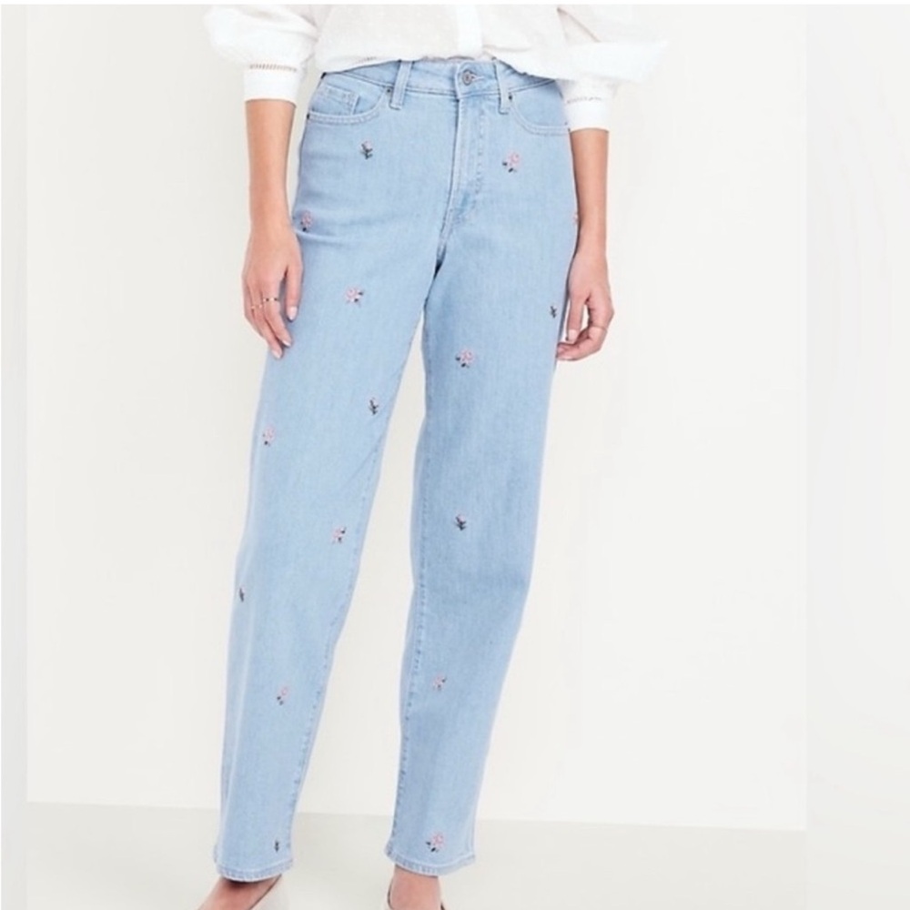 Old Navy Light Blue Straight Leg Jeans with Embroidery Roses Size 14